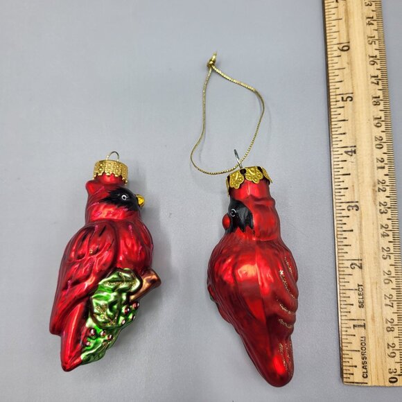 Blown Glass Red Cardinal Bird Christmas Ornaments Set Of 2 Holiday Tree Decor - Picture 6 of 8
